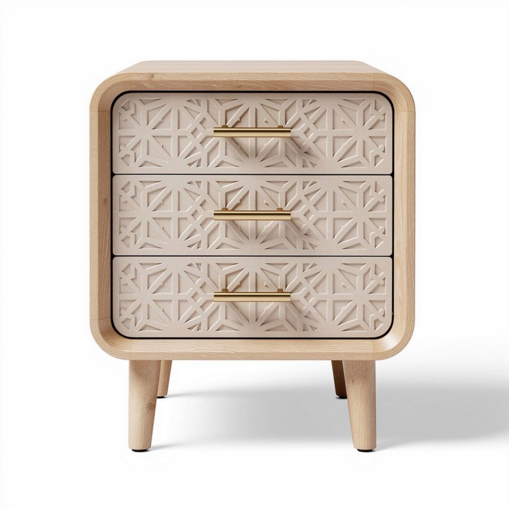 Wooden nightstand with geometric design and three storage drawers 45 x 40 x 60cm