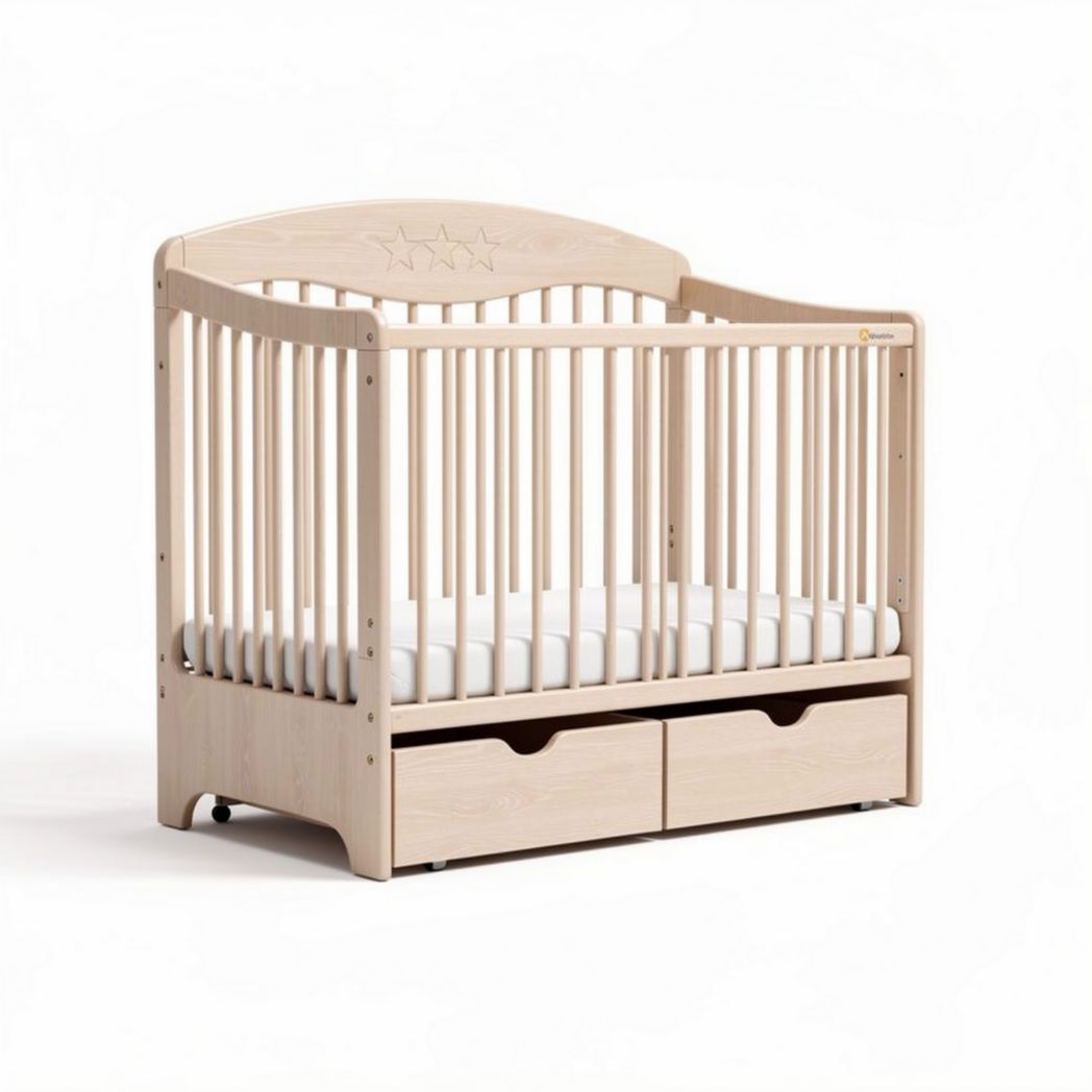 Natural wood crib with storage drawers 120 x 60 x 80cm for infants