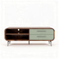 Wooden television cabinet with green drawers and open storage 120 x 40 x 50cm