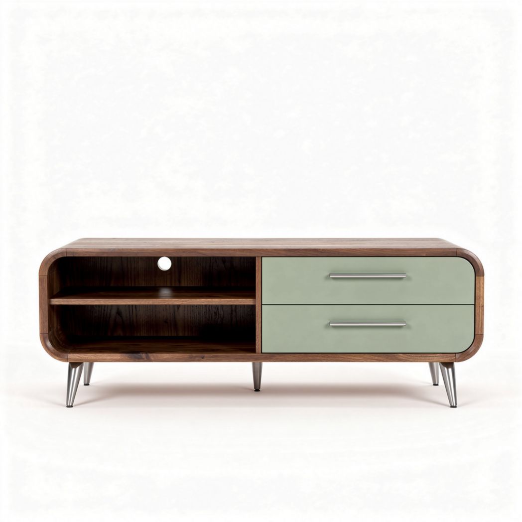 Wooden television cabinet with green drawers and open storage 120 x 40 x 50cm