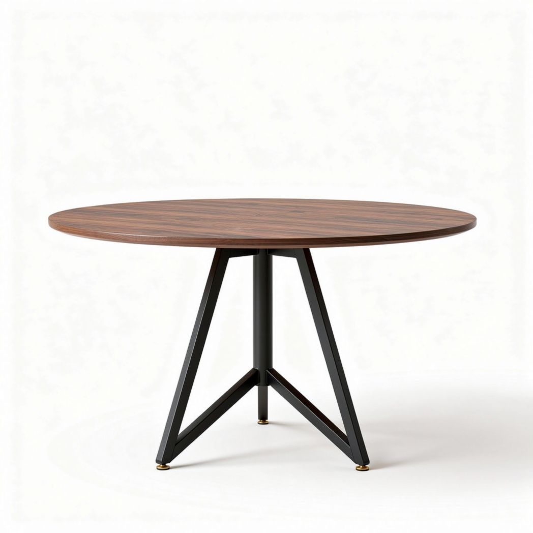 Round dining table with walnut finish and black metal legs 80 x 80 x 75cm