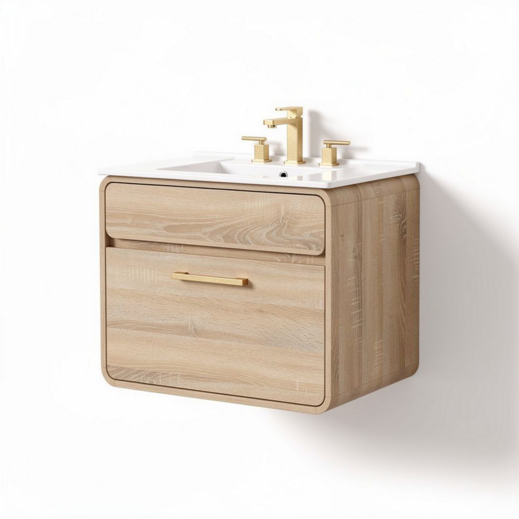 Wall-mounted bathroom vanity cabinet with washbasin in oak finish 60 x 45 x 20cm