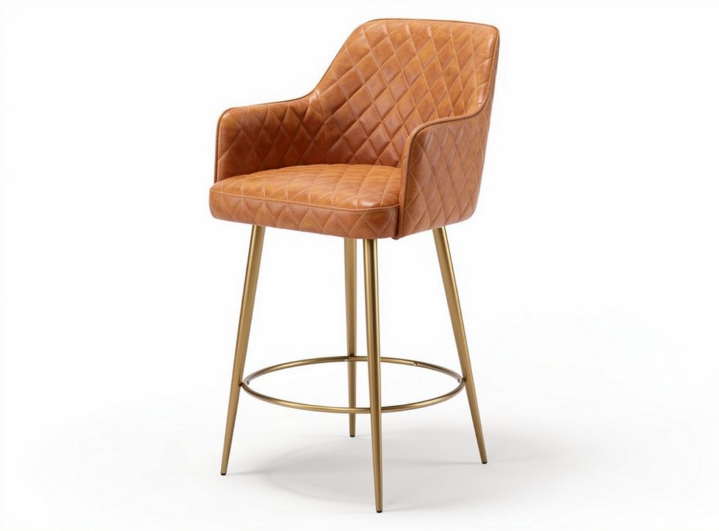 Tan quilted leather bar stool with gold metal legs 45 x 45 x 110cm