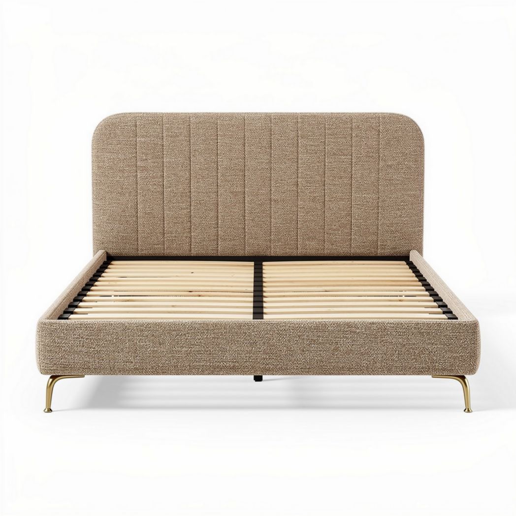 Upholstered king size bed frame with wooden slats and gold legs 200 x 160 x 100cm