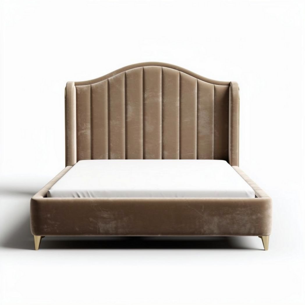 Velvet upholstered platform bed with curved headboard and gold legs 200 x 160 x 120cm