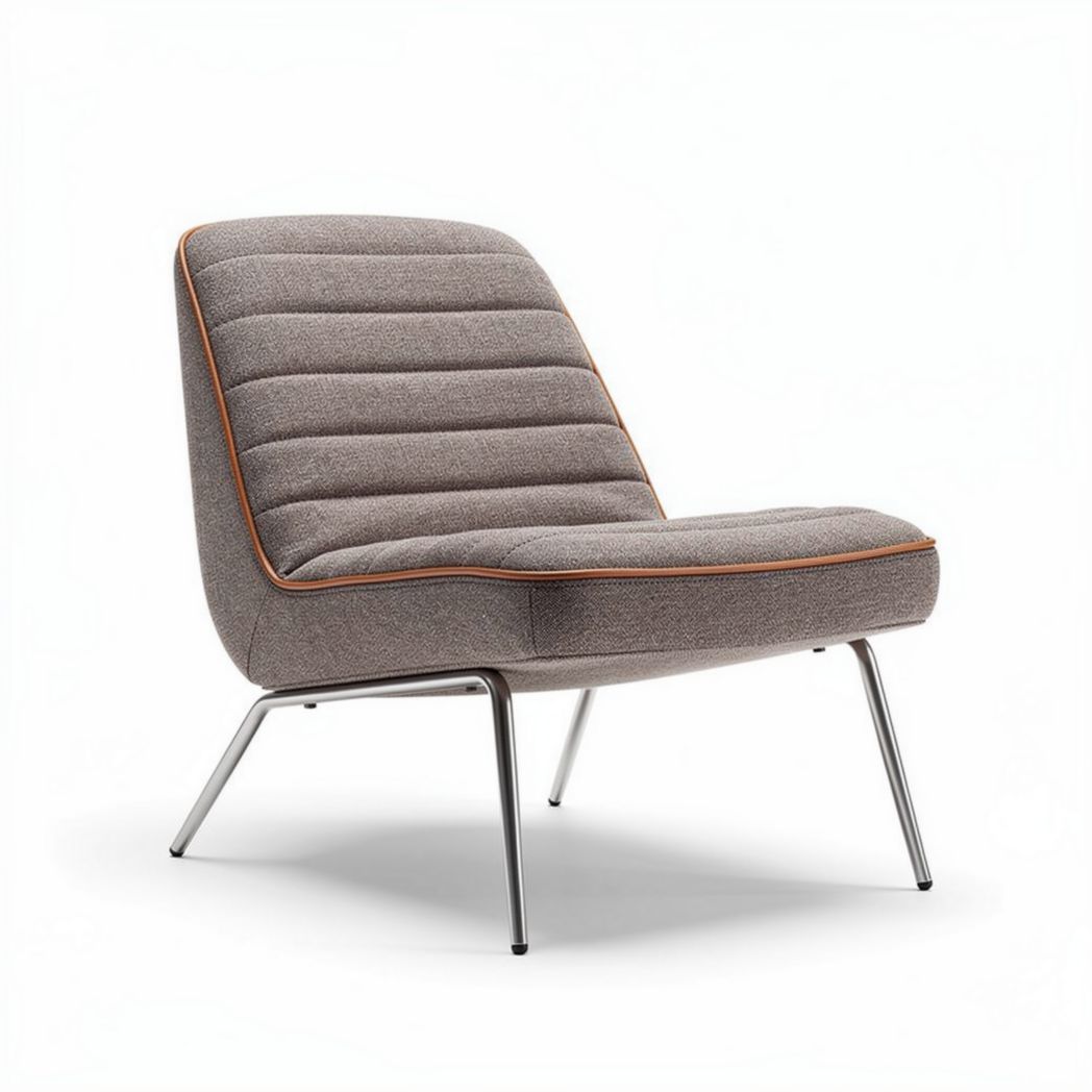 Modern lounge chair with steel legs and soft grey fabric upholstery 90 x 70 x 80cm