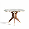Round glass dining table with walnut wood base and brass accents 80 x 80 x 75cm