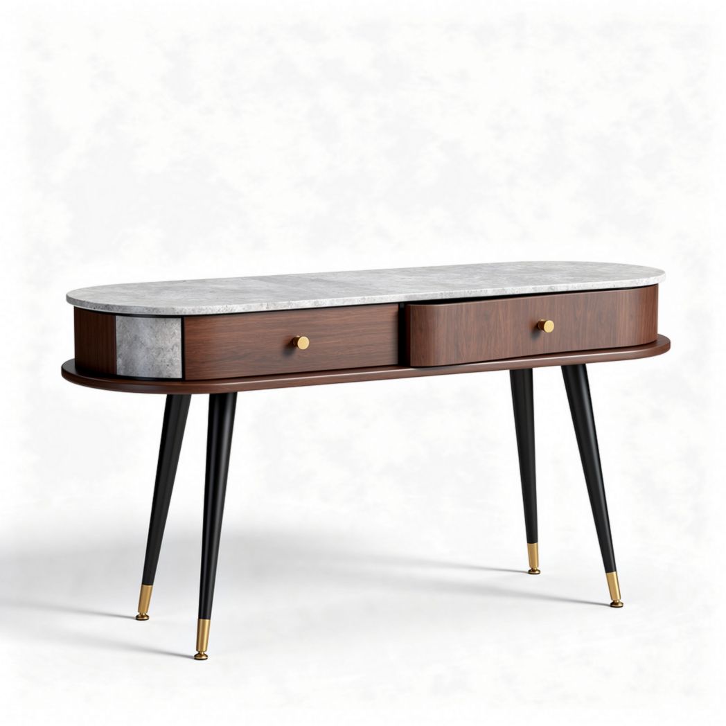 Wooden console table with marble top and two storage drawers 150 x 50 x 75cm